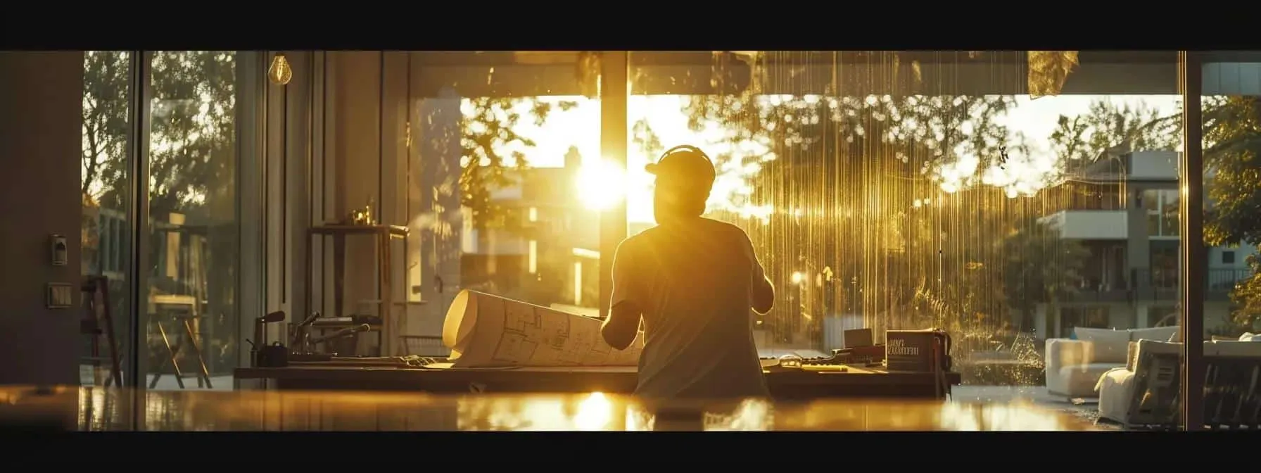 a serene, sunlit construction site showcases a skilled builder scrutinizing blueprints against a backdrop of a nearly completed, modern home.