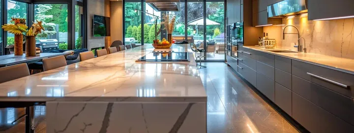 a sleek modern kitchen showcases flawless quartz countertops gleaming under warm, ambient lighting, complemented by frameless european cabinet doors that emphasize a contemporary aesthetic.
