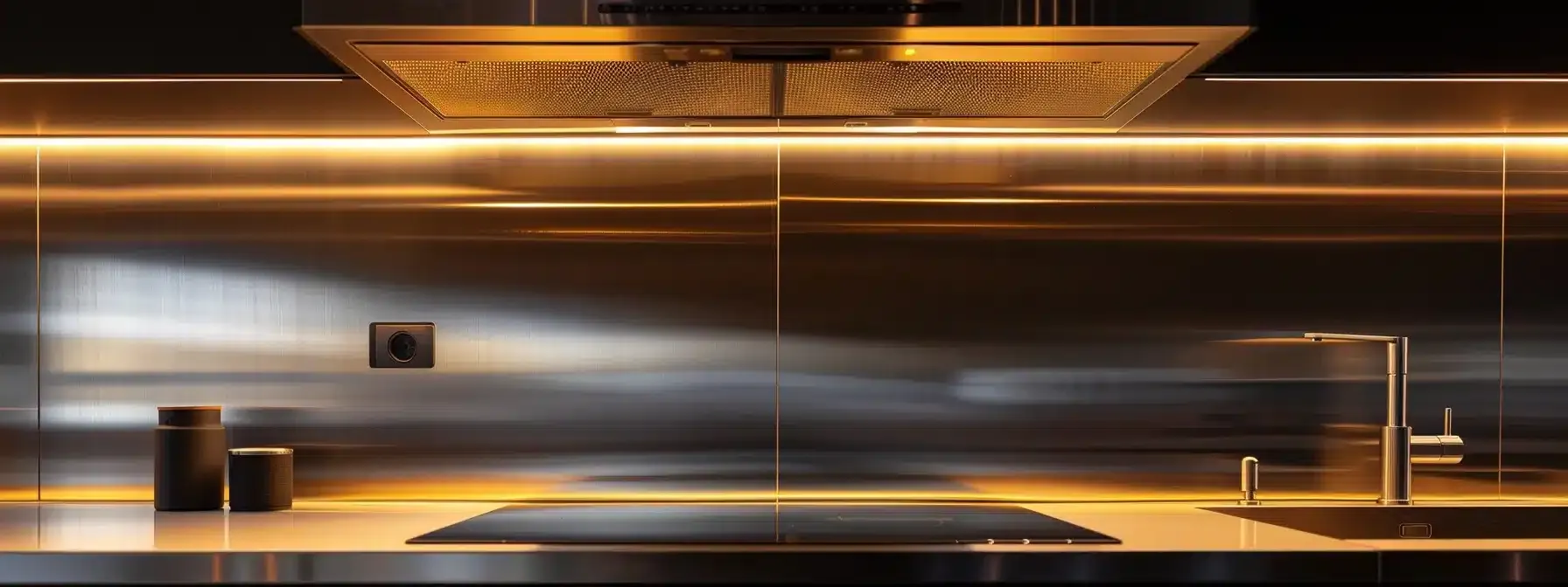 a sleek, stainless steel kitchen backsplash reflecting the warm glow of recessed lighting.