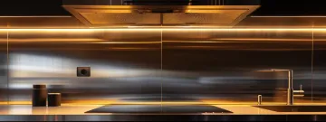 a sleek, stainless steel kitchen backsplash reflecting the warm glow of recessed lighting.