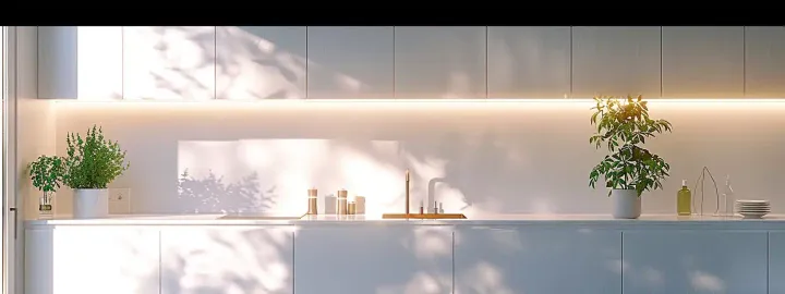 bright, sleek kitchen cabinets in a modern, minimalist design showcased against a backdrop of a clean, white kitchen.