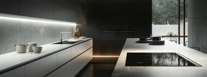 a sleek, minimalist kitchen with smart storage solutions to maximize space.