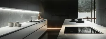 a sleek, minimalist kitchen with smart storage solutions to maximize space.