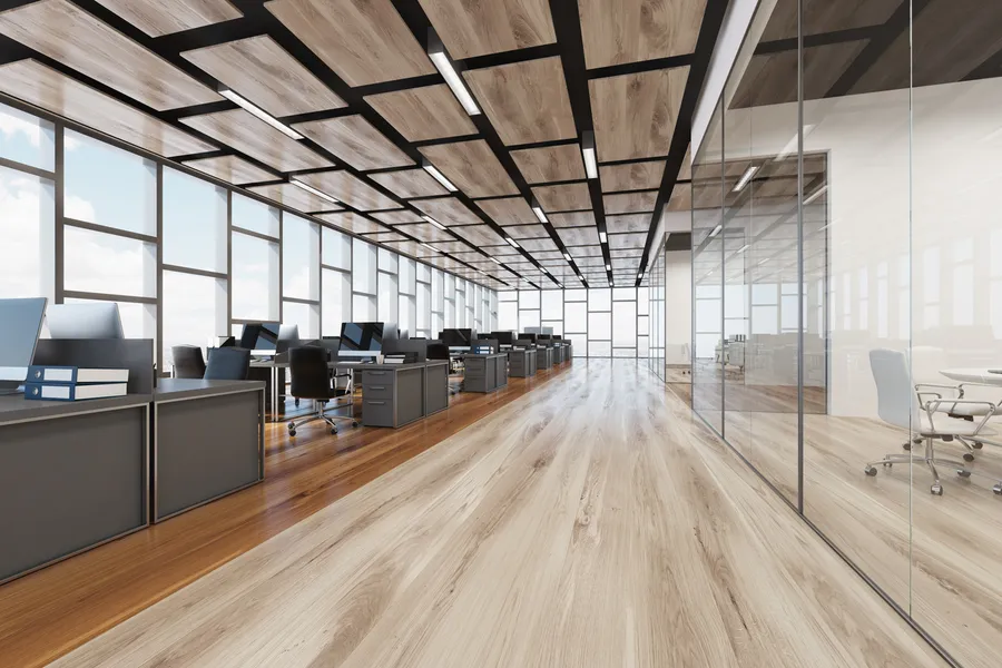 Open office interior with wood ceiling