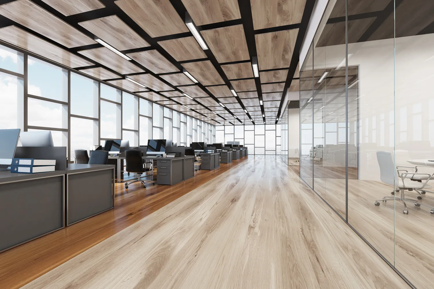Open office with rows of desks, a wood slat ceiling and glass-walled rooms
