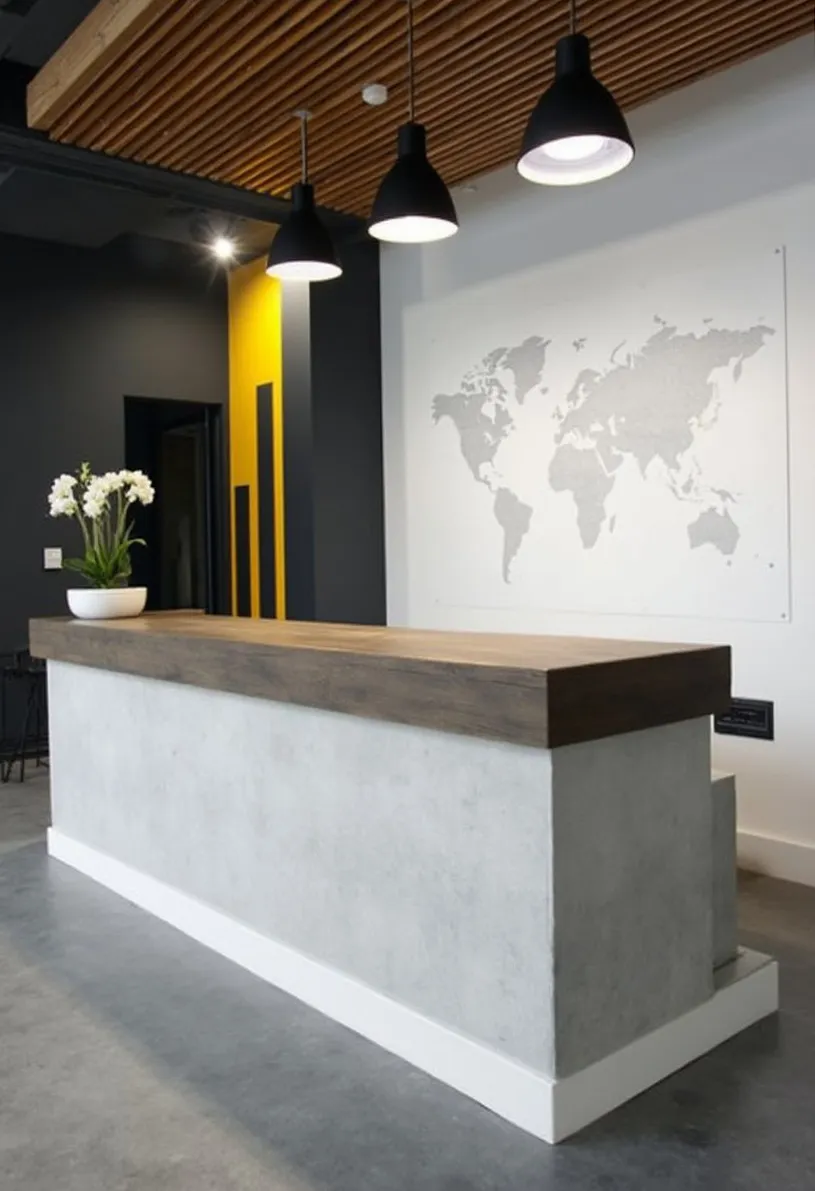 Reception desk with a concrete base and wood top under black pendant lights and a wood slat ceiling