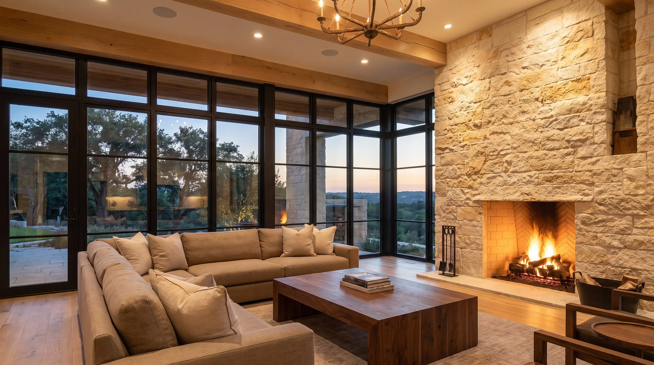 Great room with a limestone fireplace, steel-framed floor-to-ceiling windows, a white oak beam and a tan sectional