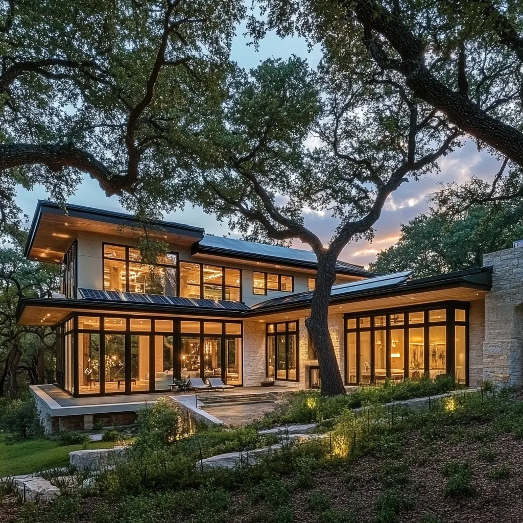 Two-story house with tall windows and rooftop solar panels under large oak trees at dusk