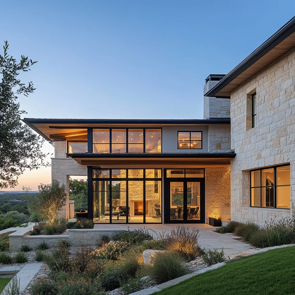 Stone house at dusk with a wall of lit glass doors opening onto a planted terrace