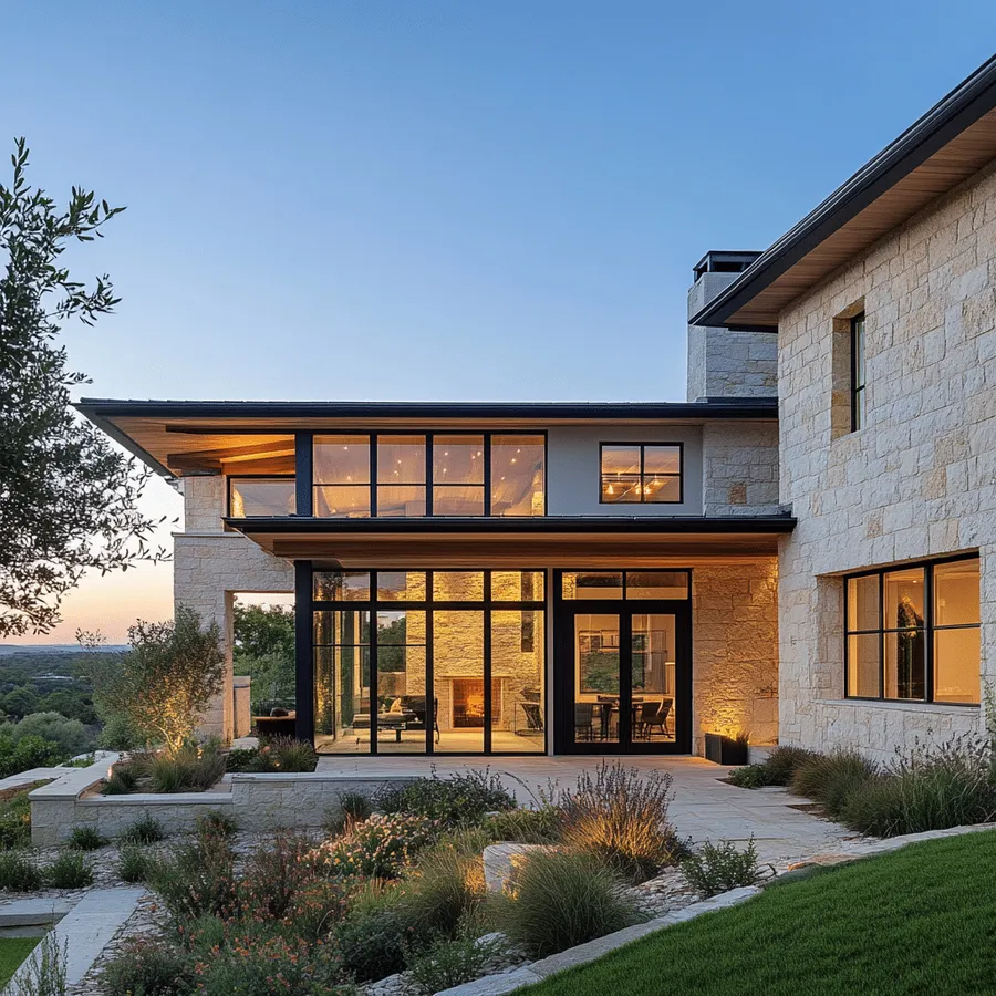 Custom stone home at dusk