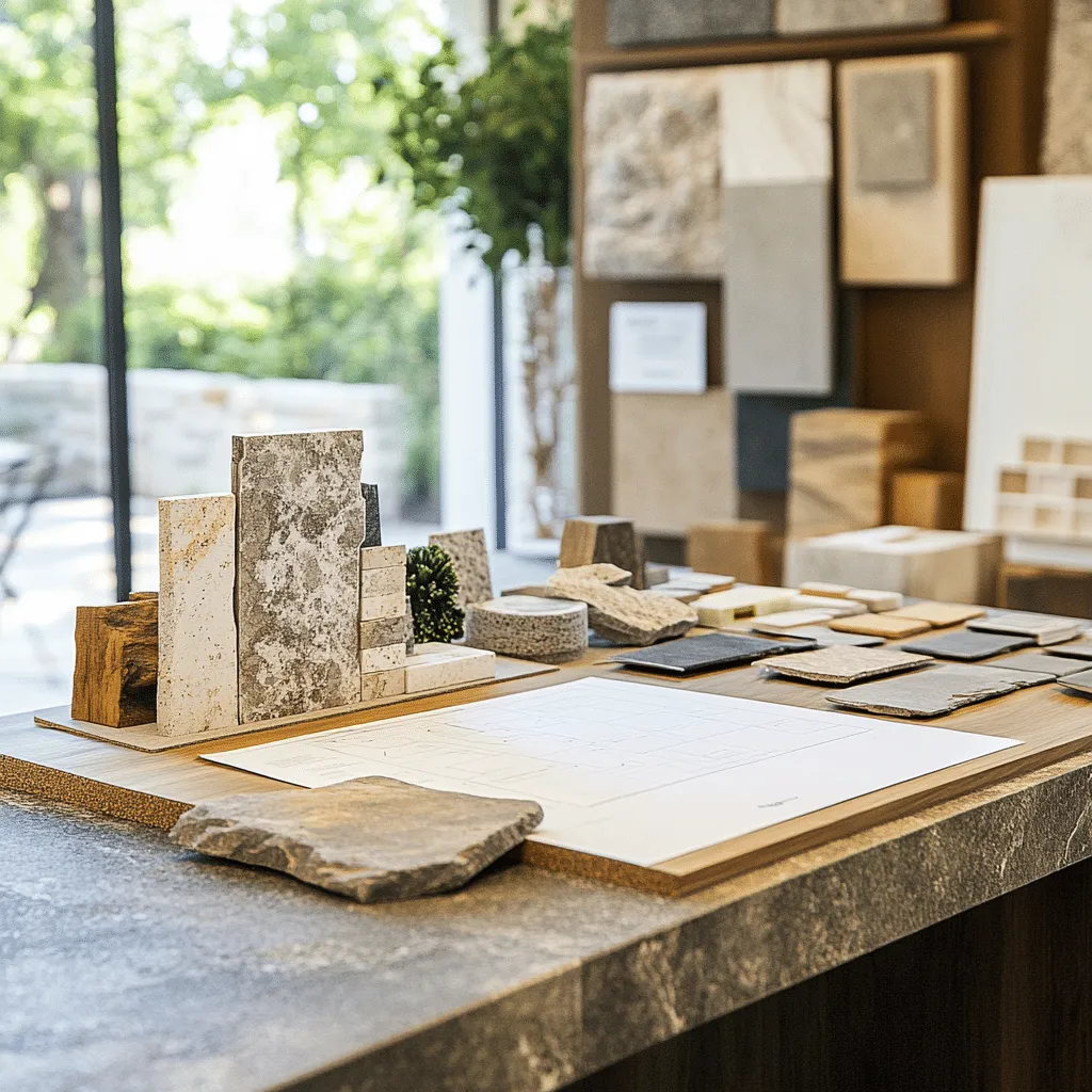 Stone, tile and wood samples laid out on a counter beside a floor plan