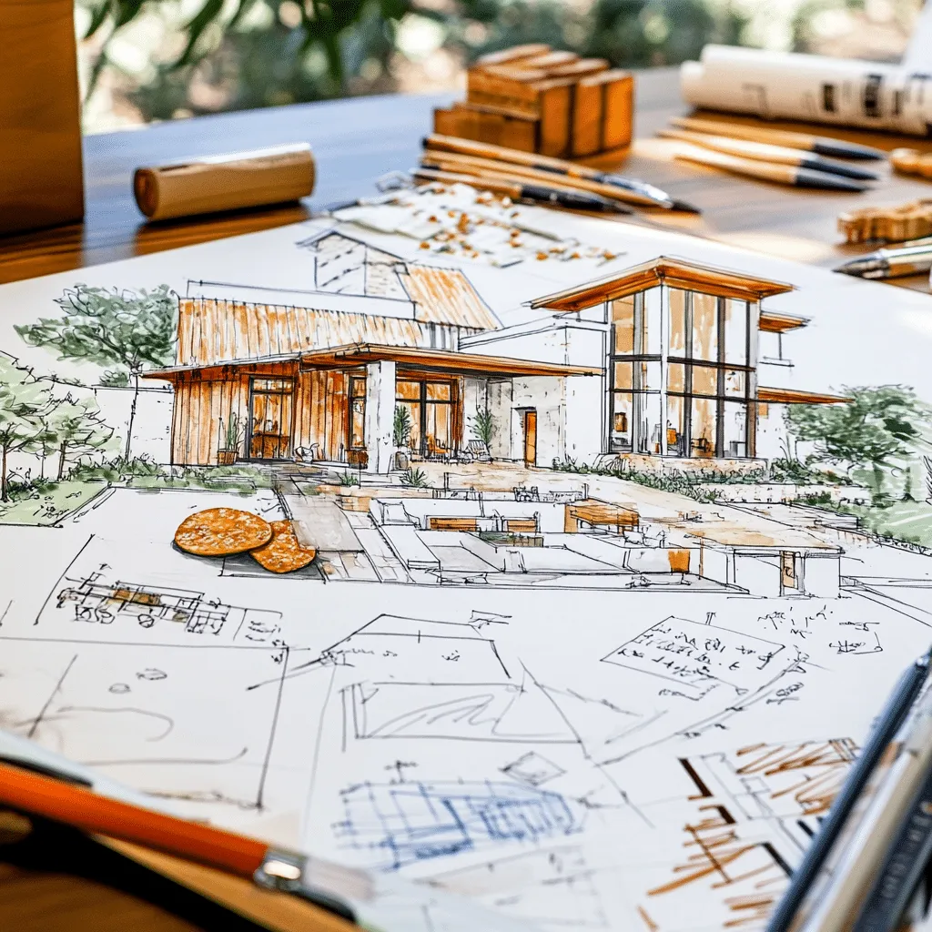 Hand-drawn sketch of a modern house on a desk with pencils and rolled drawings