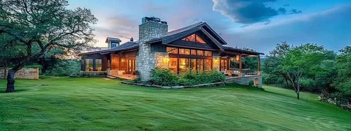 Stone and wood ranch home with a tall chimney and lit gable windows on a hillside lawn at dusk
