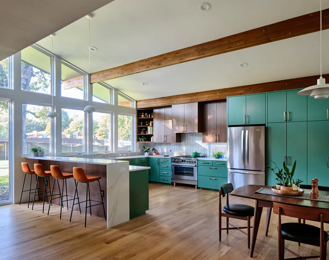 Open-concept kitchen and dining room after a home remodel