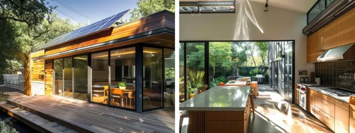 a modern kitchen with bamboo flooring, recycled tile backsplash, and solar panels on the roof showcasing eco-friendly renovation choices in austin.