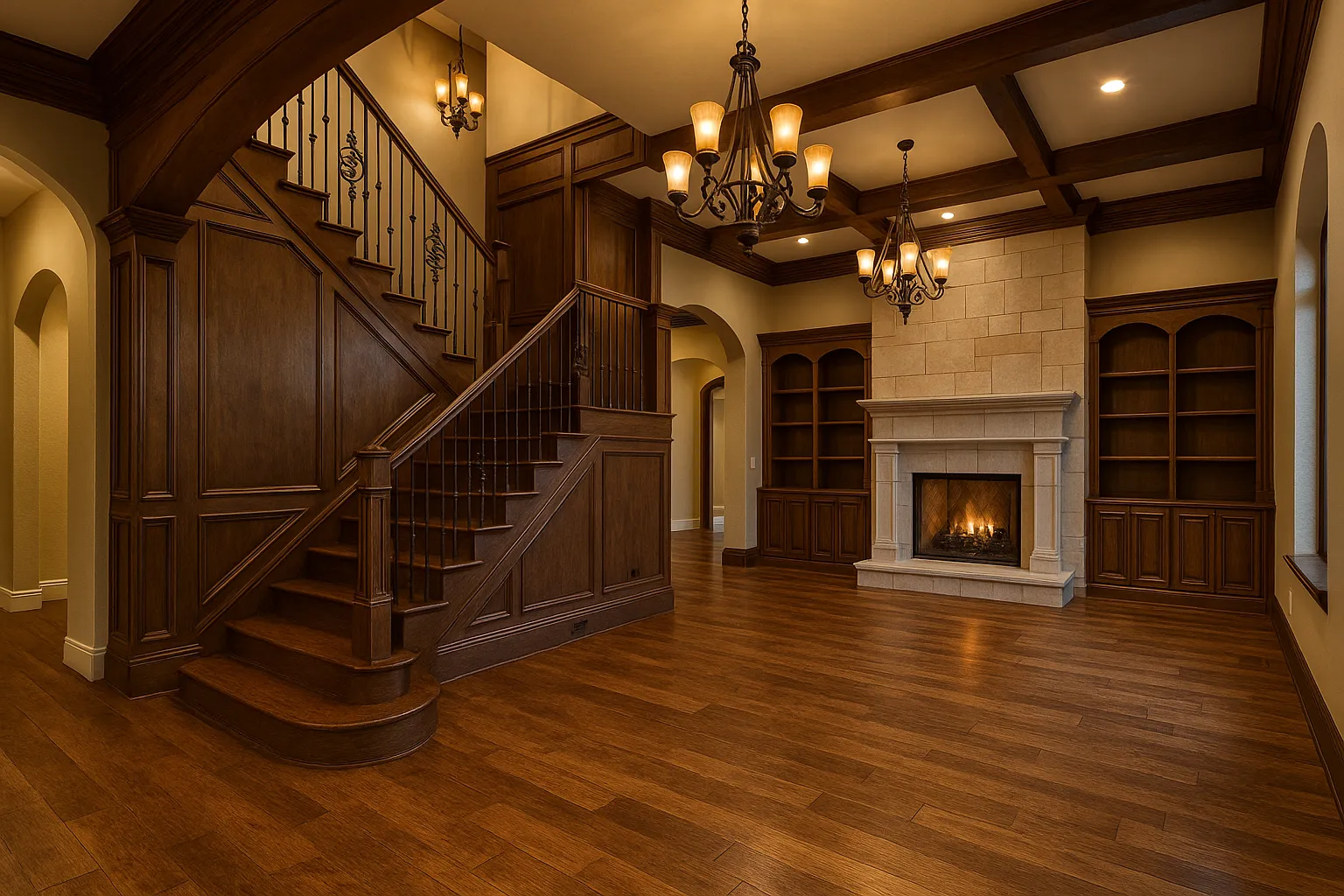 Elegant interior of a luxury custom home featuring rich hardwood floors, detailed wood paneling, a grand staircase, built-in bookcases, and a stone fireplace, highlighting expert craftsmanship and timeless design.