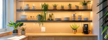 a modern kitchen brimming with ingenious storage solutions, featuring sleek shelving, minimalist cabinetry, and vibrant plants, all bathed in warm, natural light that accentuates the organized, efficient space.