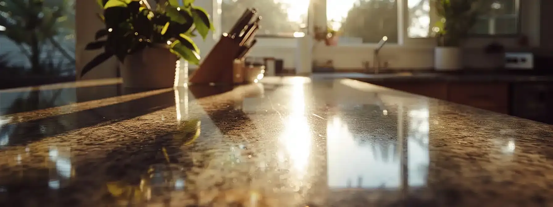 a sleek, polished granite countertop gleaming in a sunlit kitchen.