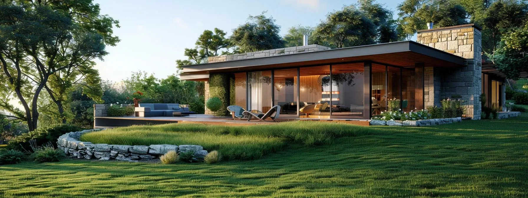 Single-story modern home with a stone chimney and a glass wall opening onto a deck above a sloped lawn