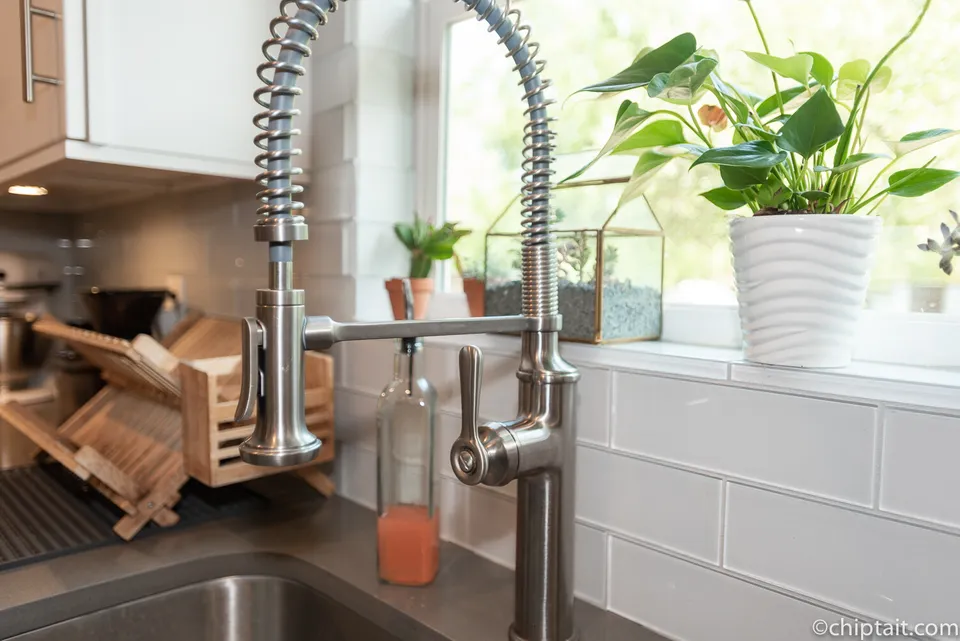 Pull-down faucet at the kitchen sink below a window with plants