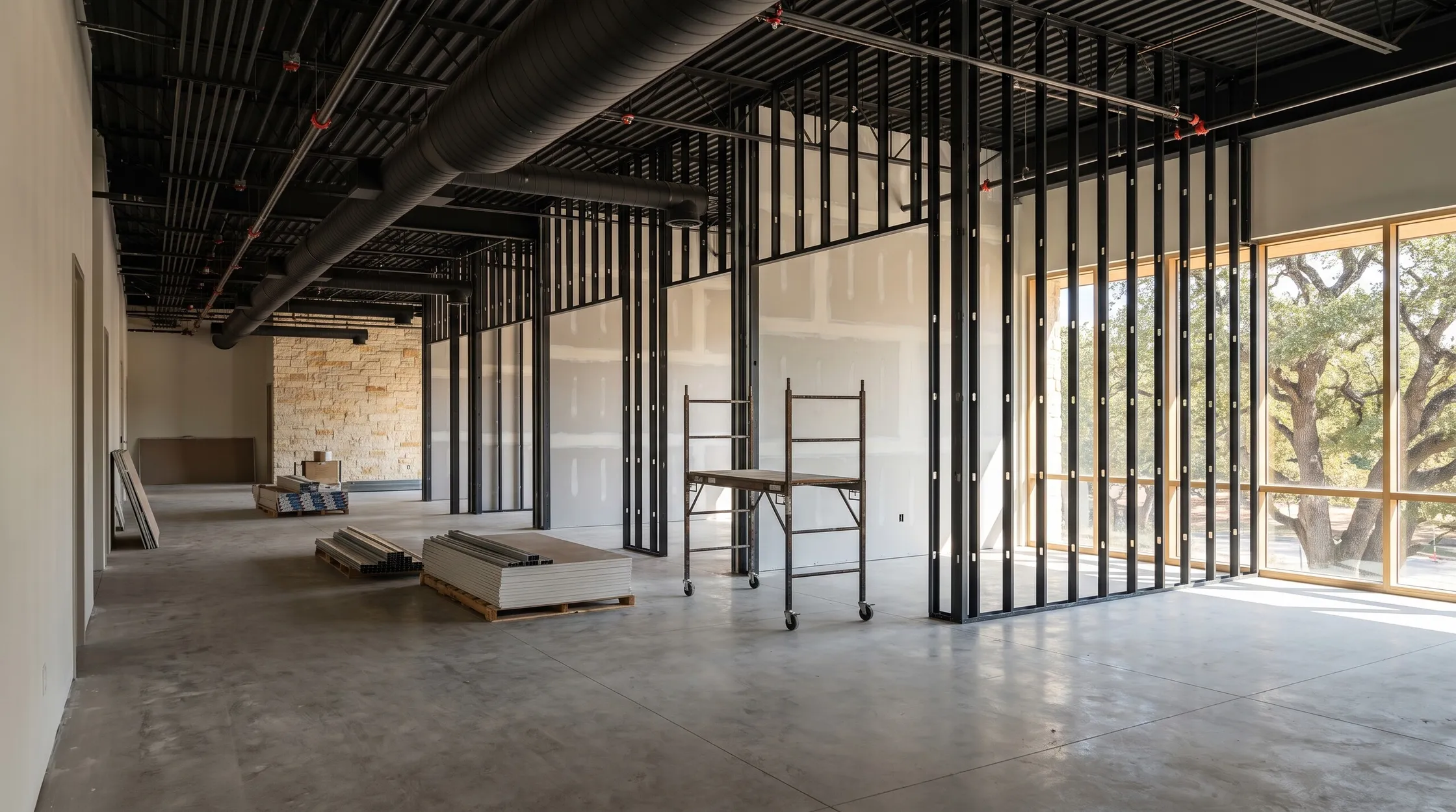 Office tenant improvement in progress with steel stud framing, taped drywall, exposed ductwork and a rolling scaffold on a concrete floor