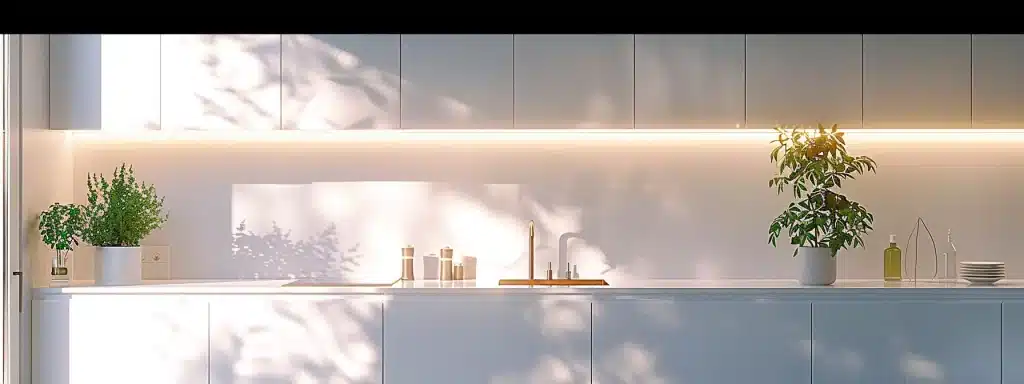 bright, sleek kitchen cabinets in a modern, minimalist design showcased against a backdrop of a clean, white kitchen.
