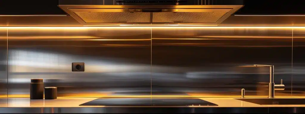 a sleek, stainless steel kitchen backsplash reflecting the warm glow of recessed lighting.