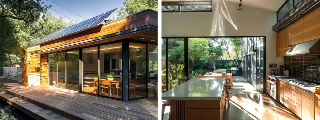 a modern kitchen with bamboo flooring, recycled tile backsplash, and solar panels on the roof showcasing eco-friendly renovation choices in austin.