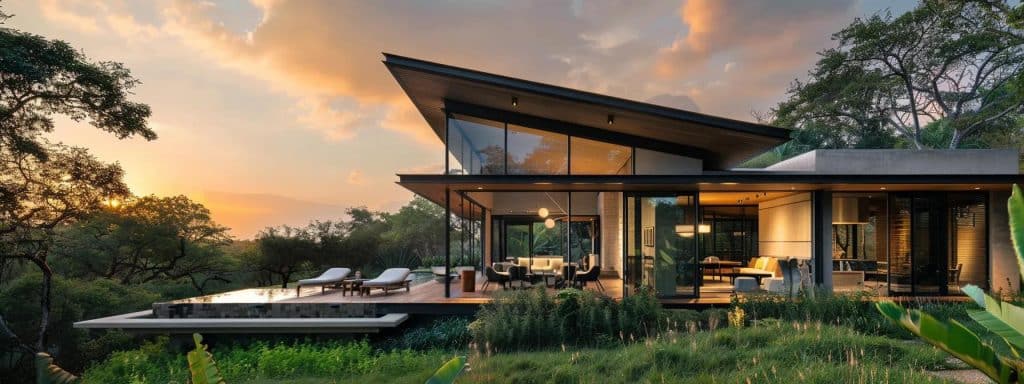 a stunning modern home design emerges amidst a lush landscape, showcasing sleek lines, expansive glass windows, and sustainable materials, all illuminated by warm golden sunlight.