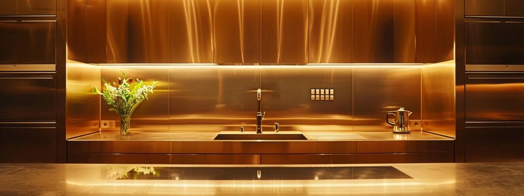 a stylish kitchen featuring an elegant array of cabinet hardware, showcased against a backdrop of sleek, contemporary cabinetry illuminated by warm, inviting light.