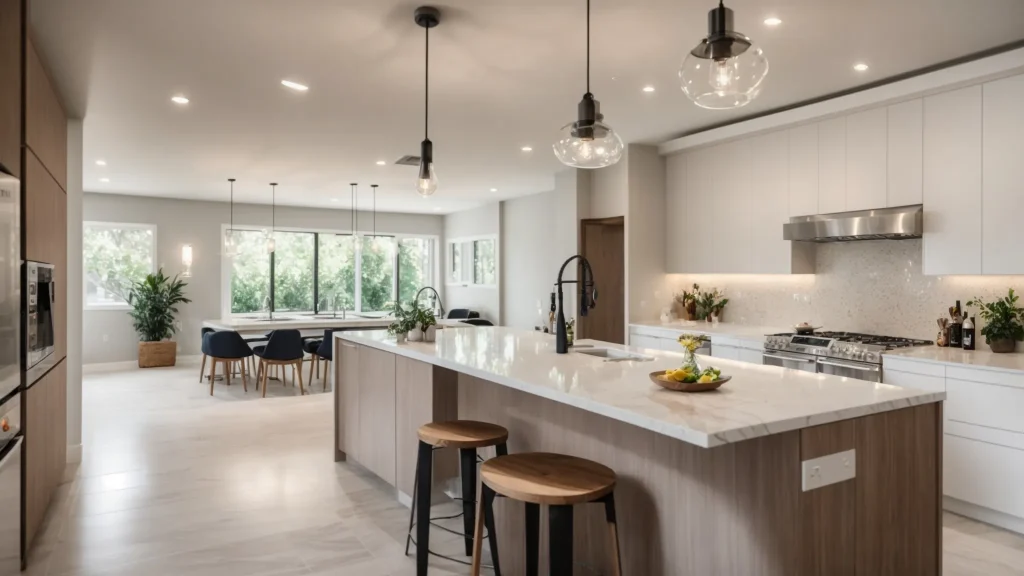 a beautifully modern kitchen showcases sleek, glossy tile flooring illuminated by warm, soft pendant lighting, creating an inviting atmosphere that highlights the latest trends in kitchen design.