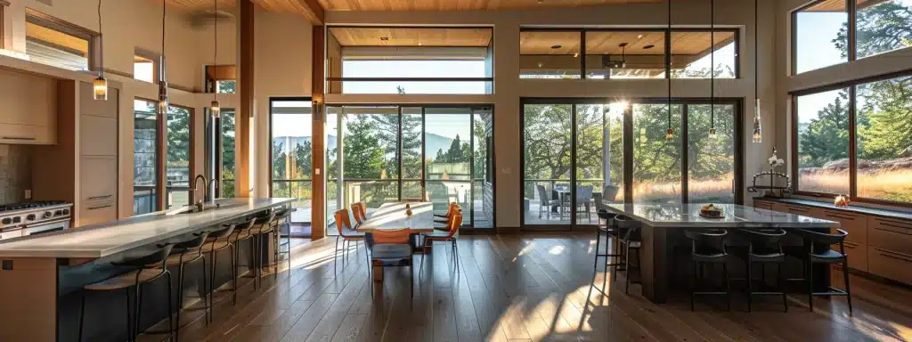 a stunning kitchen featuring rich, textured hardwood flooring that harmoniously complements sleek modern cabinetry, brightly illuminated by natural light streaming through large windows.