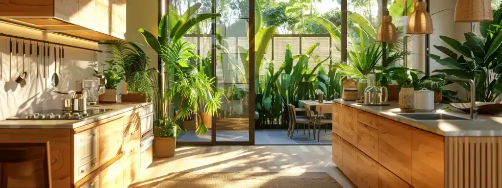 a sunlit kitchen showcases a stunning eco-friendly flooring option, featuring rich, textured bamboo planks that harmonize with vibrant green plants and natural light streaming through large windows.
