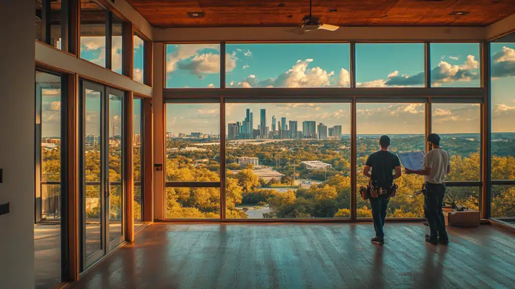 Two builders inspecting the interior of a newly built home featuring large floor-to-ceiling windows overlooking a city skyline and lush greenery.