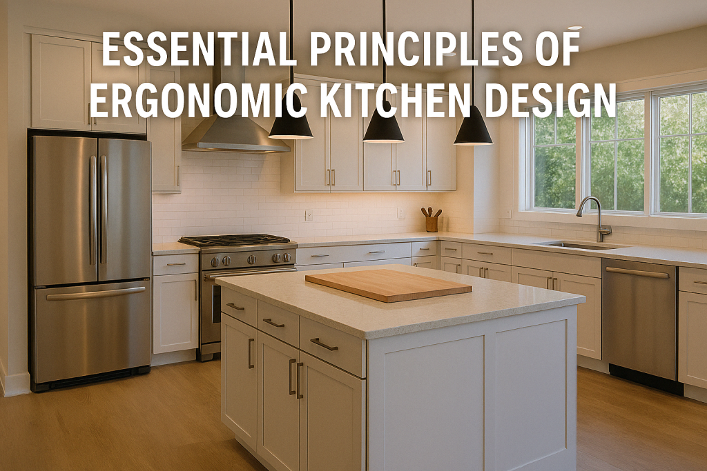 "Modern ergonomic kitchen design featuring a functional work triangle, custom-height countertops, and stainless steel appliances in a bright Austin, TX home.