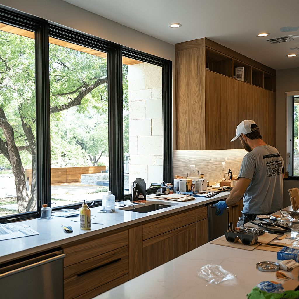 a kitchen remodeler installing new cabinetry hardware