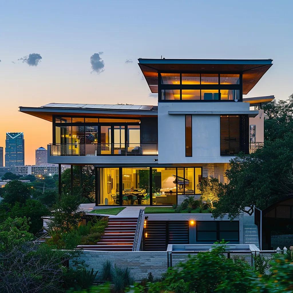 a modern, eco-friendly home in Austin showcases sleek, sustainable architecture with solar panels, large windows, and a minimalist design, set against a vibrant urban skyline.
