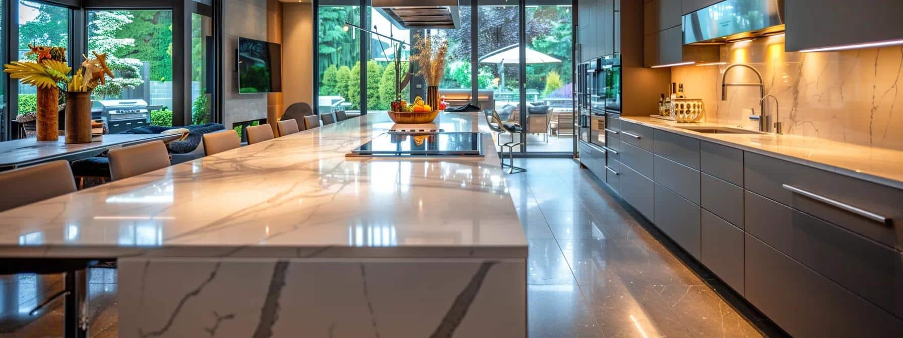 a sleek modern kitchen showcases flawless quartz countertops gleaming under warm, ambient lighting, complemented by frameless european cabinet doors that emphasize a contemporary aesthetic.