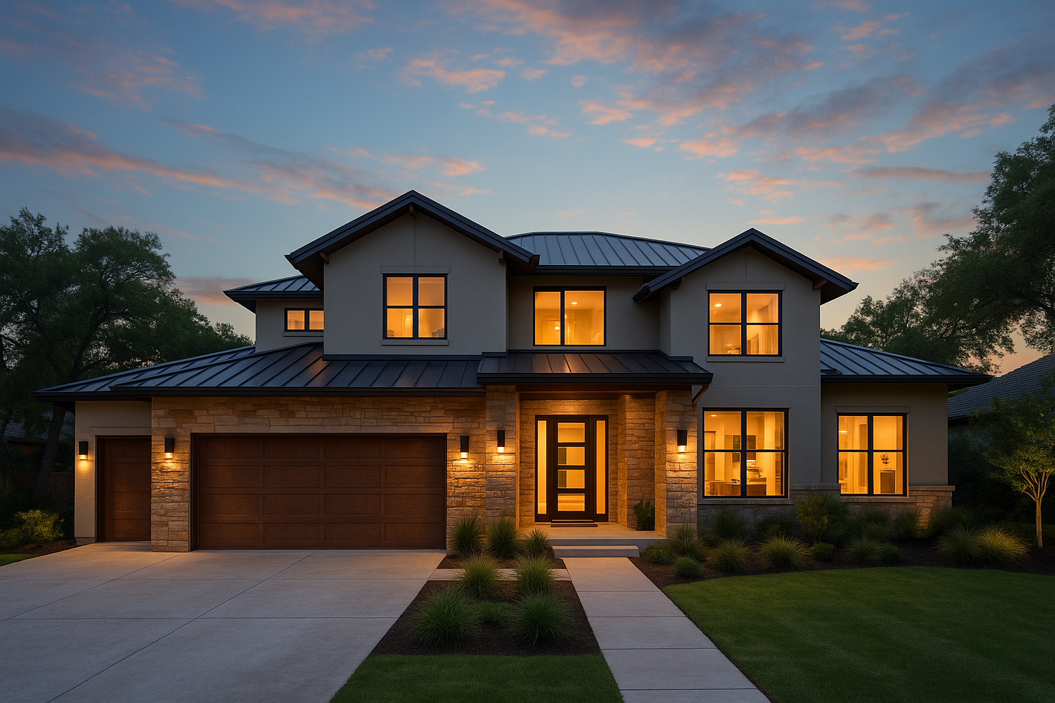 Modern luxury custom home in Austin, Texas at dusk, featuring warm exterior lighting, stone and stucco facade, large windows, and a well-manicured lawn