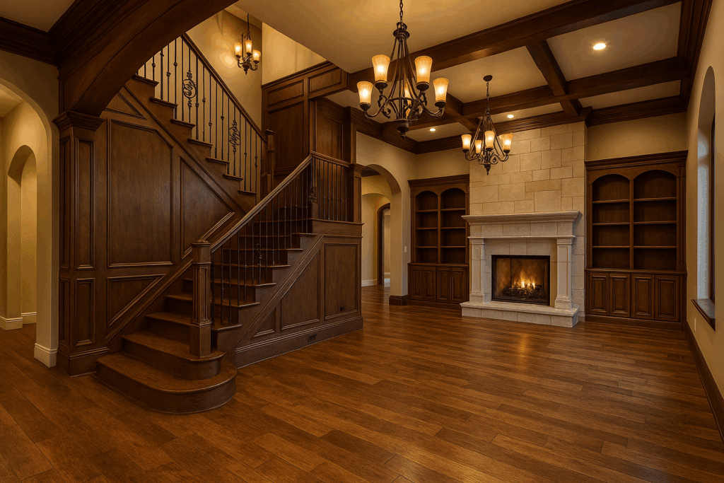 Elegant interior of a luxury custom home featuring rich hardwood floors, detailed wood paneling, a grand staircase, built-in bookcases, and a stone fireplace, highlighting expert craftsmanship and timeless design.