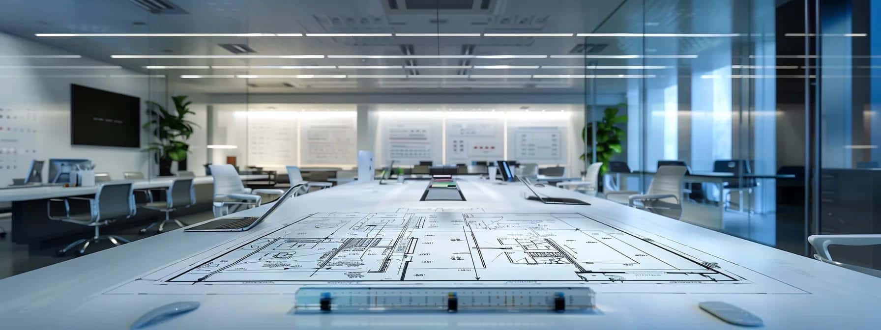 an architecturally sleek office scene features a large blueprint spread across a polished conference table, illuminated by bright overhead lighting, illustrating the intricate design plans and cost components for a custom home build, while a modern digital display shows real-time project cost estimates.