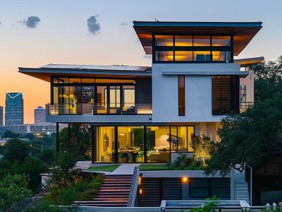 modern-home-in-austin a modern, eco-friendly home in Austin showcases sleek, sustainable architecture with solar panels, large windows, and a minimalist design, set against a vibrant urban skyline.